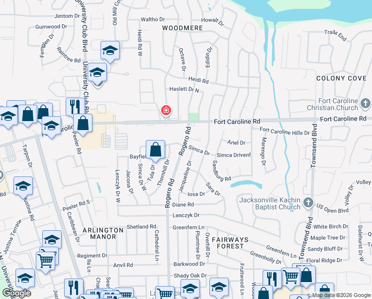map of restaurants, bars, coffee shops, grocery stores, and more near 3565 Rogero Road in Jacksonville