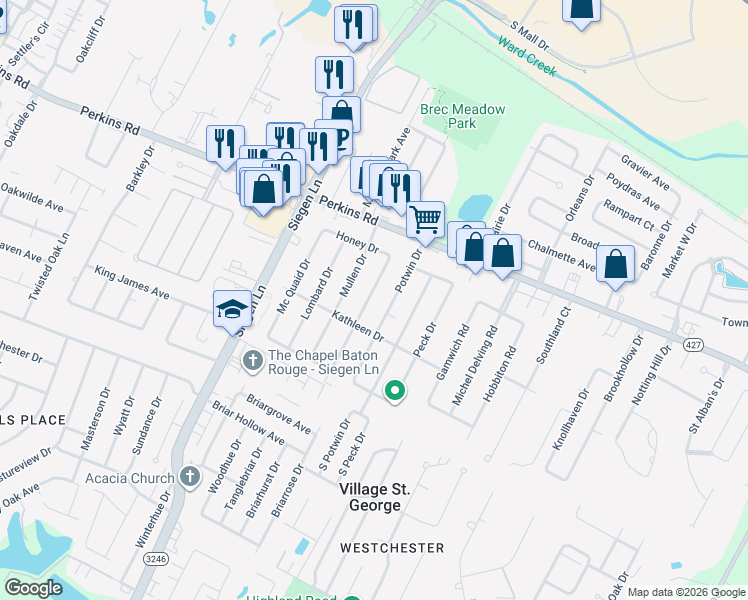 map of restaurants, bars, coffee shops, grocery stores, and more near 1895 Potwin Drive in Baton Rouge