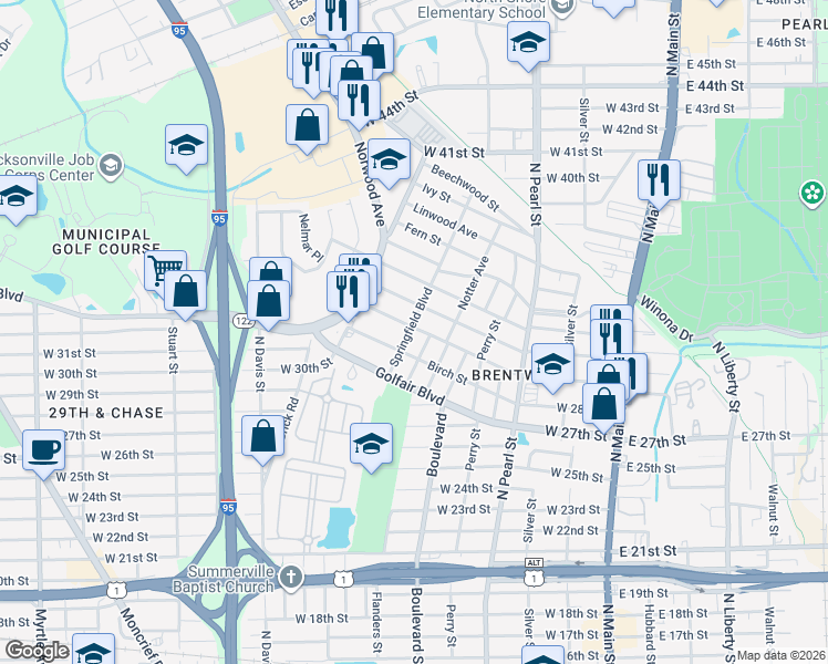 map of restaurants, bars, coffee shops, grocery stores, and more near 3935 Springfield Boulevard in Jacksonville