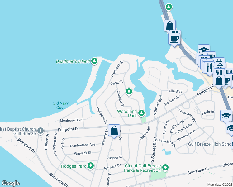 map of restaurants, bars, coffee shops, grocery stores, and more near 303 Cordoba Street in Gulf Breeze