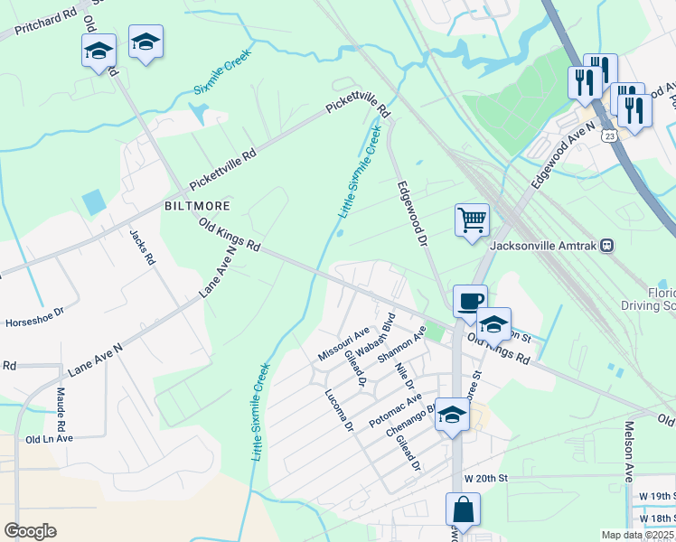 map of restaurants, bars, coffee shops, grocery stores, and more near 5349 Old Kings Road in Jacksonville