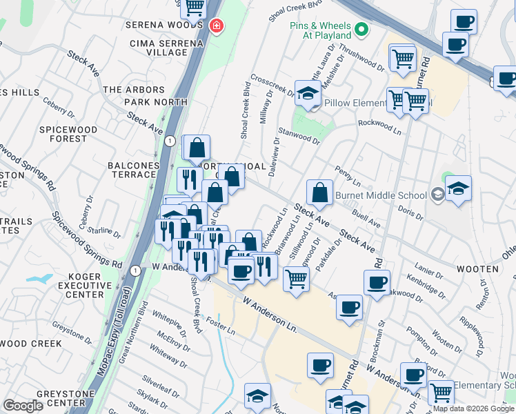 map of restaurants, bars, coffee shops, grocery stores, and more near 8104 Vinewood Lane in Austin