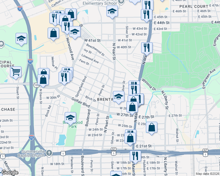 map of restaurants, bars, coffee shops, grocery stores, and more near 4226 North Pearl Street in Jacksonville