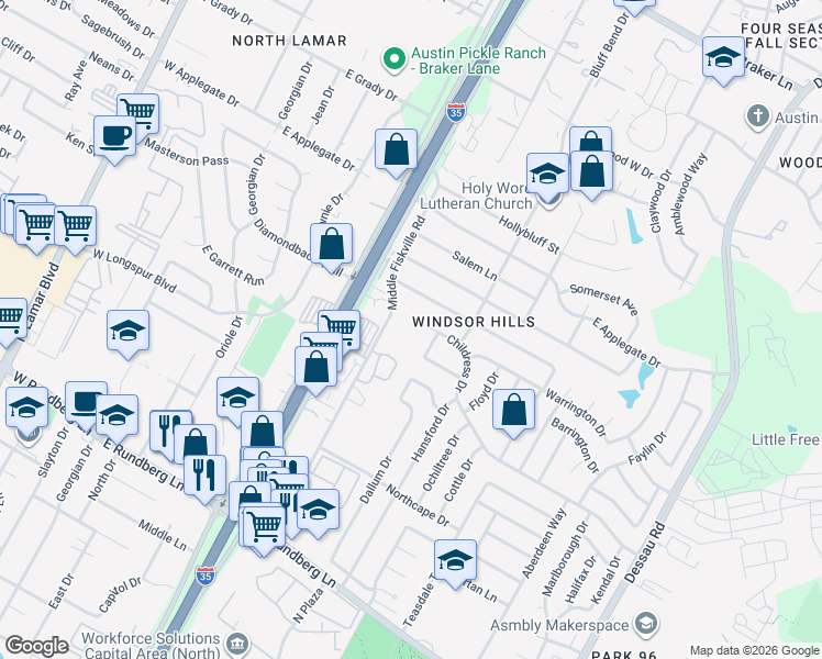map of restaurants, bars, coffee shops, grocery stores, and more near 10017 Middle Fiskville Road in Austin
