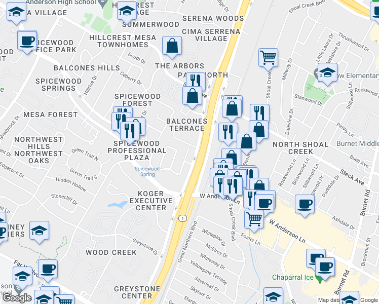 map of restaurants, bars, coffee shops, grocery stores, and more near 8007 Northforest Drive in Austin