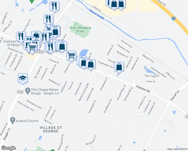 map of restaurants, bars, coffee shops, grocery stores, and more near 2042 Michel Delving Road in Baton Rouge
