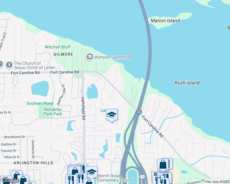 map of restaurants, bars, coffee shops, grocery stores, and more near 8530 Fort Caroline Road in Jacksonville