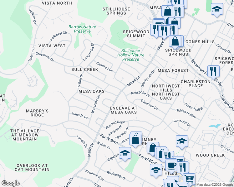 map of restaurants, bars, coffee shops, grocery stores, and more near 7400 Mesa Drive in Austin