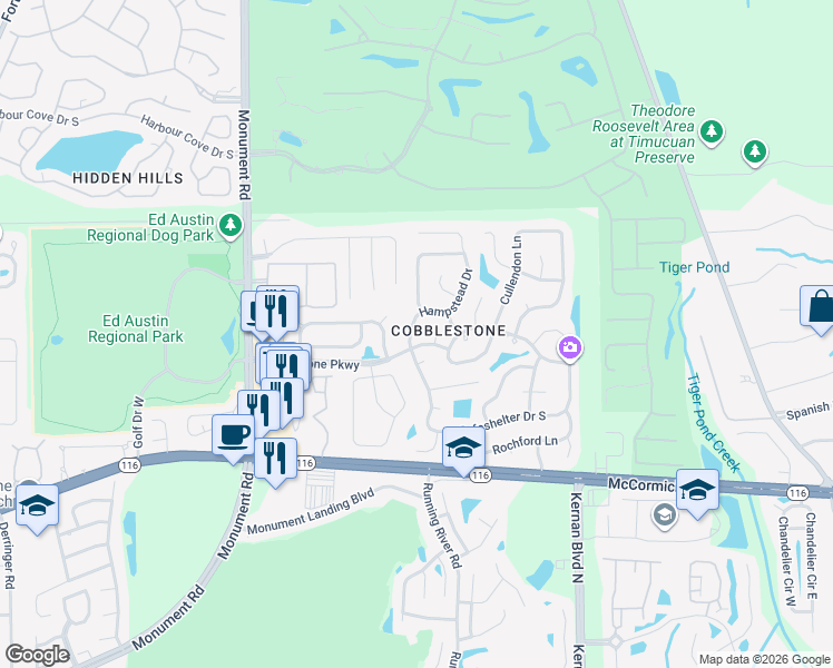 map of restaurants, bars, coffee shops, grocery stores, and more near 3013 Hampstead Drive in Jacksonville