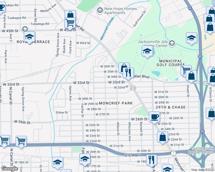 map of restaurants, bars, coffee shops, grocery stores, and more near 1583 West 32nd Street in Jacksonville