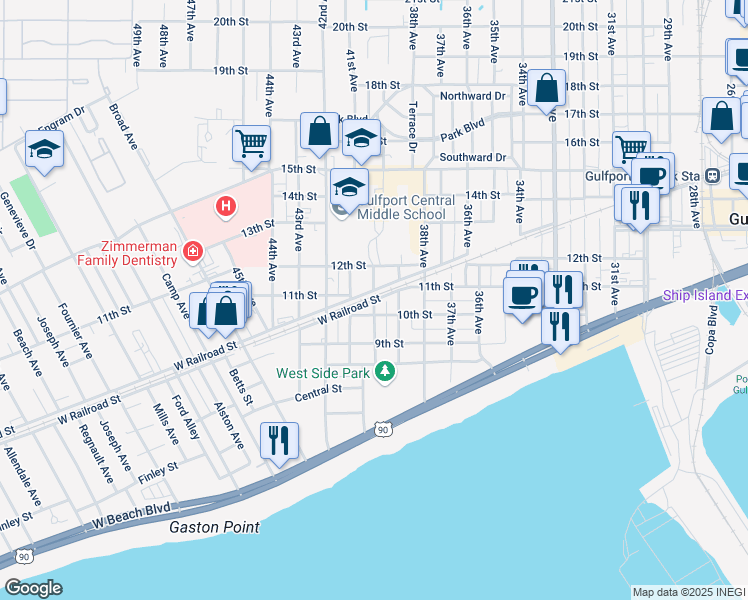 map of restaurants, bars, coffee shops, grocery stores, and more near 3999 W Railroad St in Gulfport