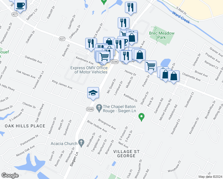 map of restaurants, bars, coffee shops, grocery stores, and more near 1786 Mc Quaid Drive in Baton Rouge