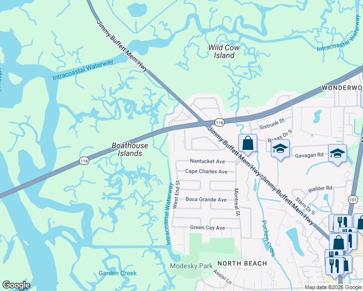 map of restaurants, bars, coffee shops, grocery stores, and more near 1515 Wonderwood Lane in Jacksonville