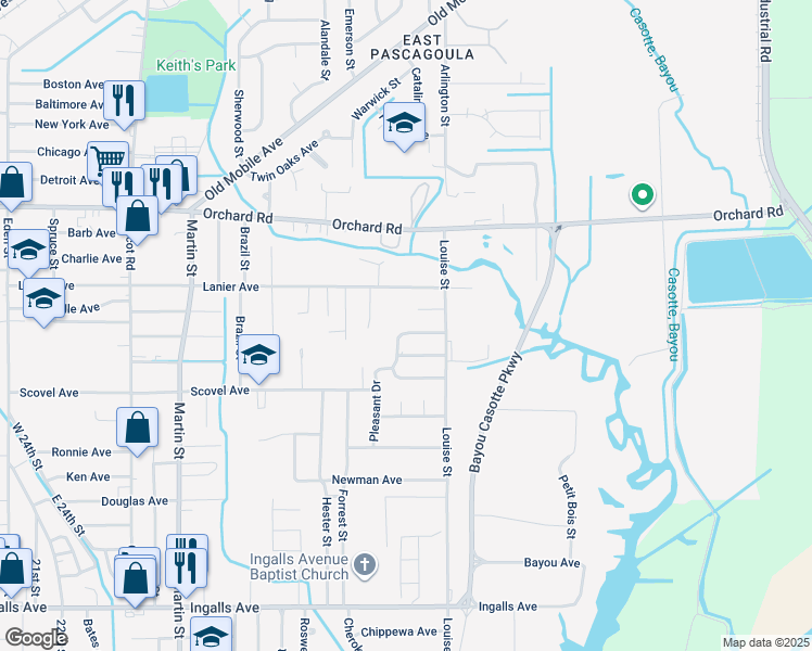 map of restaurants, bars, coffee shops, grocery stores, and more near 4707 Coronada Avenue in Pascagoula
