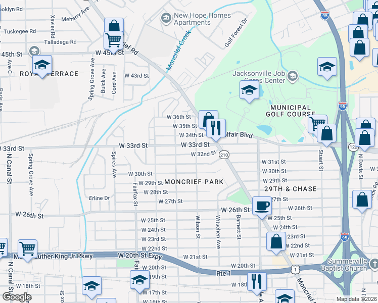 map of restaurants, bars, coffee shops, grocery stores, and more near 1583 West 32nd Street in Jacksonville