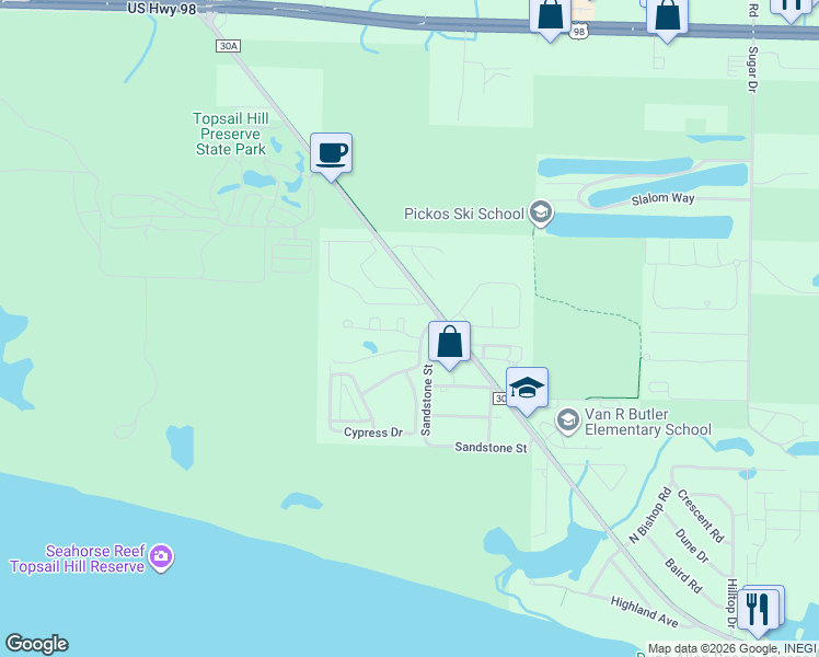 map of restaurants, bars, coffee shops, grocery stores, and more near 12 Cypress Circle in Santa Rosa Beach