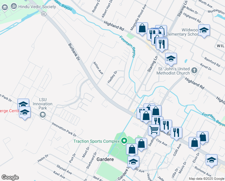 map of restaurants, bars, coffee shops, grocery stores, and more near 7870 Bayou Fountain Avenue in Baton Rouge