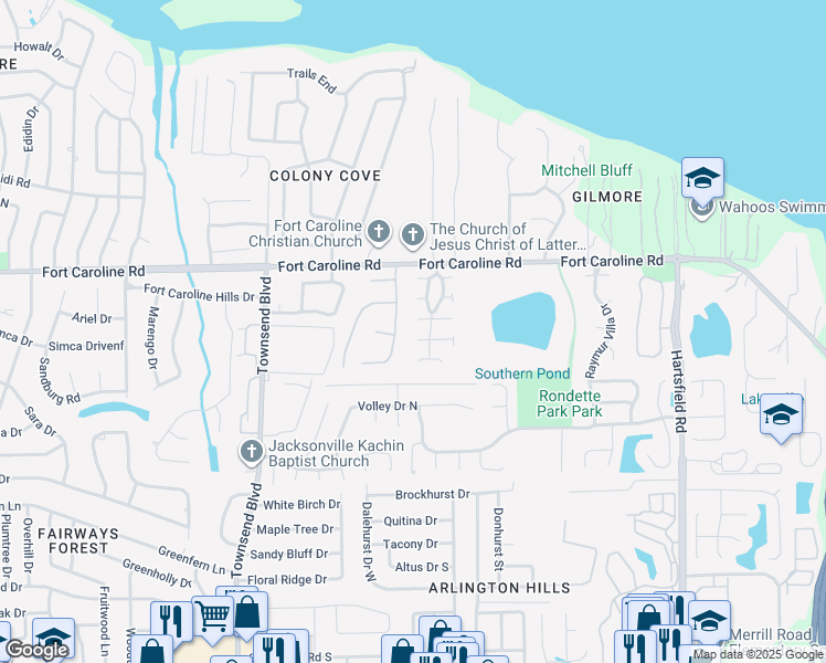 map of restaurants, bars, coffee shops, grocery stores, and more near 7725 Lynchburg Court West in Jacksonville