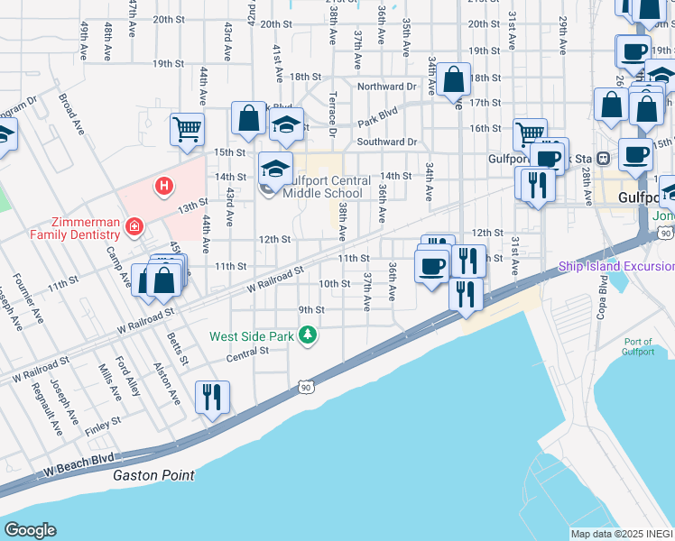 map of restaurants, bars, coffee shops, grocery stores, and more near 1015 38th Avenue in Gulfport