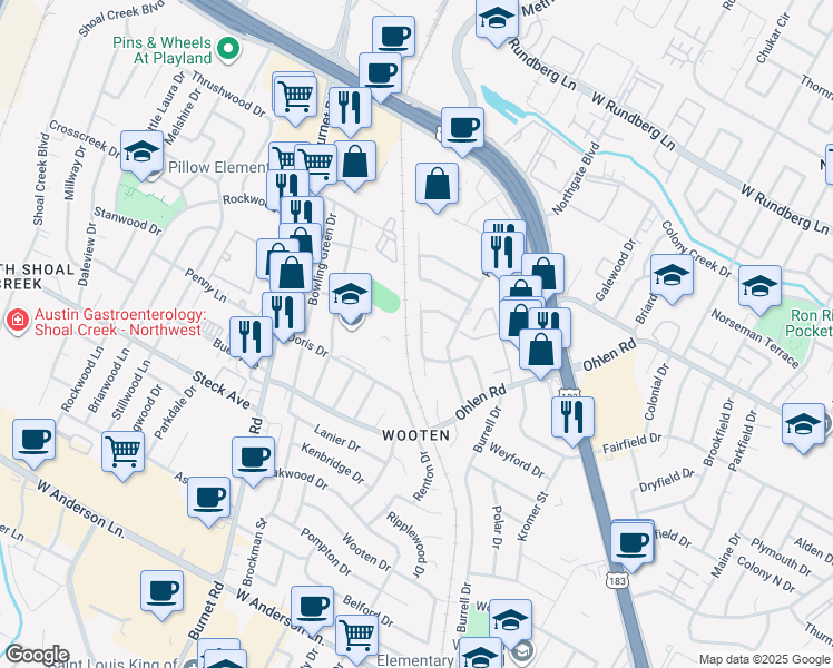 map of restaurants, bars, coffee shops, grocery stores, and more near 8522 Woodstone Drive in Austin