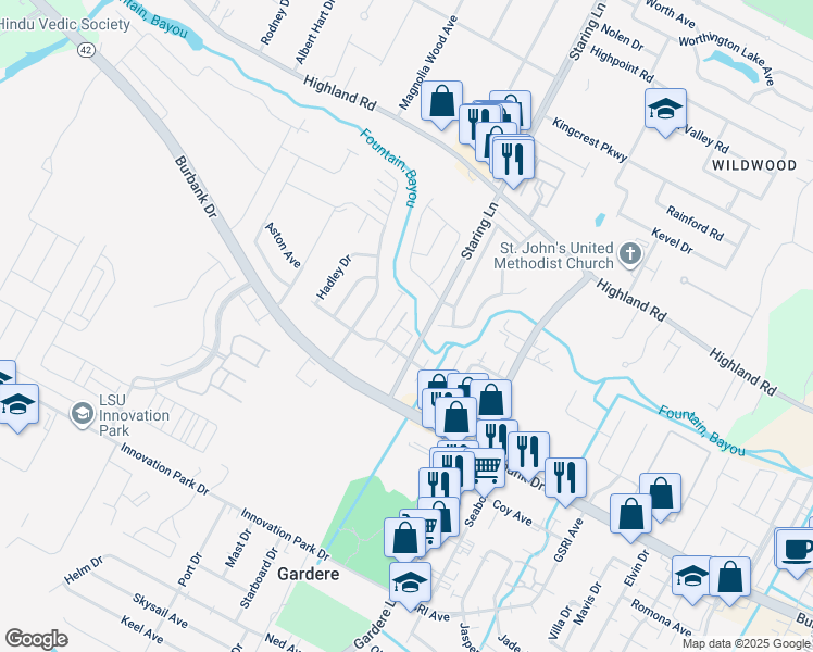 map of restaurants, bars, coffee shops, grocery stores, and more near 8091 Bayou Fountain Avenue in Baton Rouge