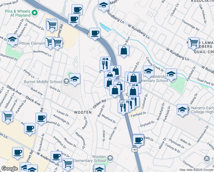 map of restaurants, bars, coffee shops, grocery stores, and more near 8726 Research Boulevard in Austin