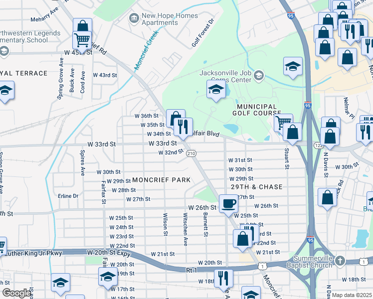 map of restaurants, bars, coffee shops, grocery stores, and more near 4220A Moncrief Road in Jacksonville