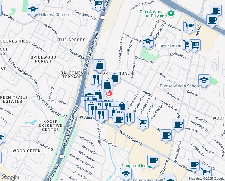 map of restaurants, bars, coffee shops, grocery stores, and more near 8015 Shoal Creek Boulevard in Austin