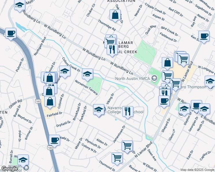 map of restaurants, bars, coffee shops, grocery stores, and more near 1203 Inland Greens in Austin