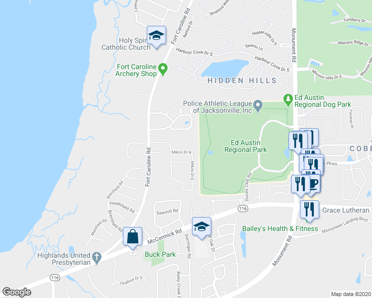 map of restaurants, bars, coffee shops, grocery stores, and more near 11203 Mikris Drive North in Jacksonville