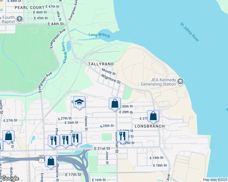 map of restaurants, bars, coffee shops, grocery stores, and more near 4230 Buckman Street in Jacksonville