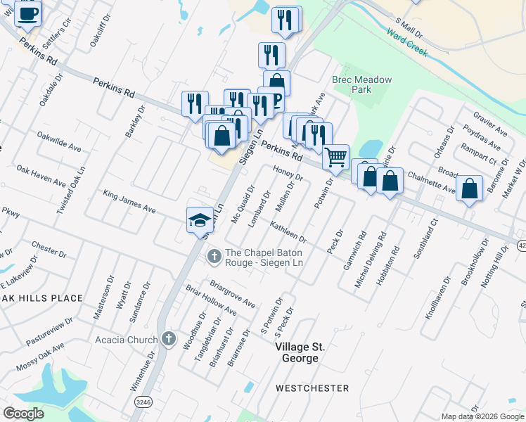 map of restaurants, bars, coffee shops, grocery stores, and more near 1836 Lombard Drive in Baton Rouge