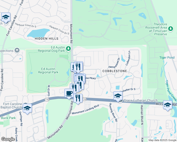 map of restaurants, bars, coffee shops, grocery stores, and more near 12042 Cobblewood Lane North in Jacksonville