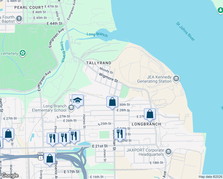 map of restaurants, bars, coffee shops, grocery stores, and more near 4230 Buckman Street in Jacksonville