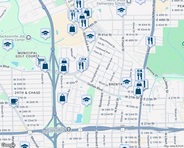 map of restaurants, bars, coffee shops, grocery stores, and more near 3935 Springfield Boulevard in Jacksonville