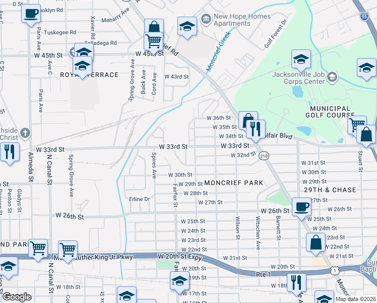 map of restaurants, bars, coffee shops, grocery stores, and more near 4213 Etta Street in Jacksonville