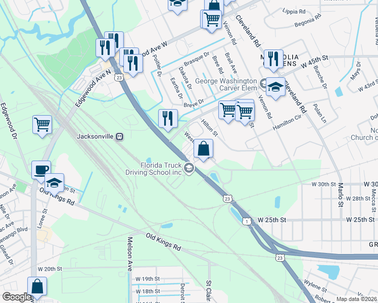 map of restaurants, bars, coffee shops, grocery stores, and more near 5367 New Kings Road in Jacksonville