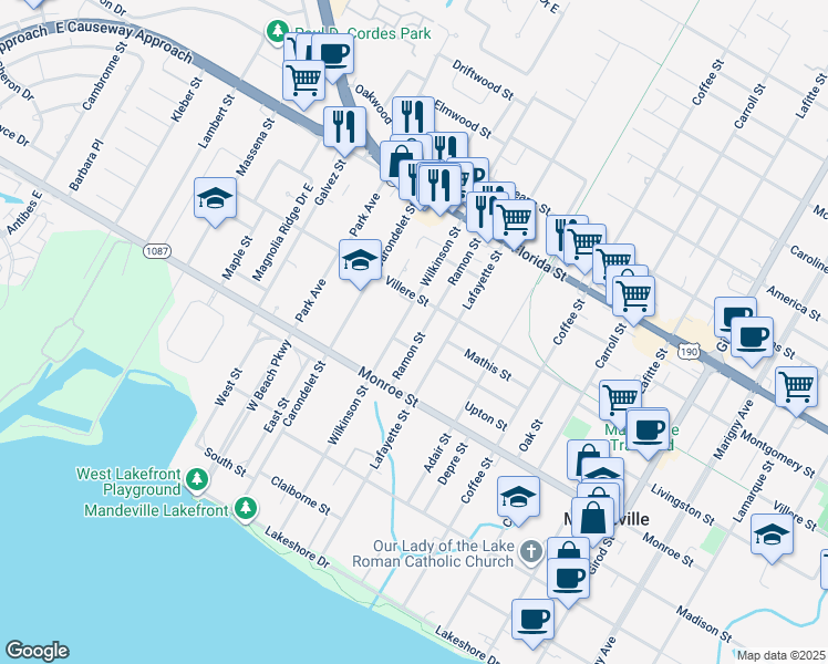 map of restaurants, bars, coffee shops, grocery stores, and more near 609/611/61 Wilkinson Street in Mandeville
