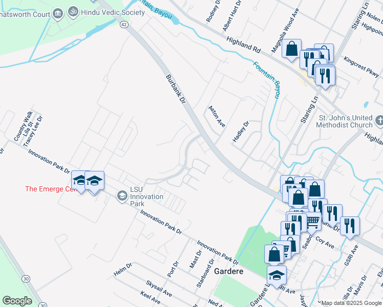 map of restaurants, bars, coffee shops, grocery stores, and more near Pelican Lakes Parkway in Baton Rouge