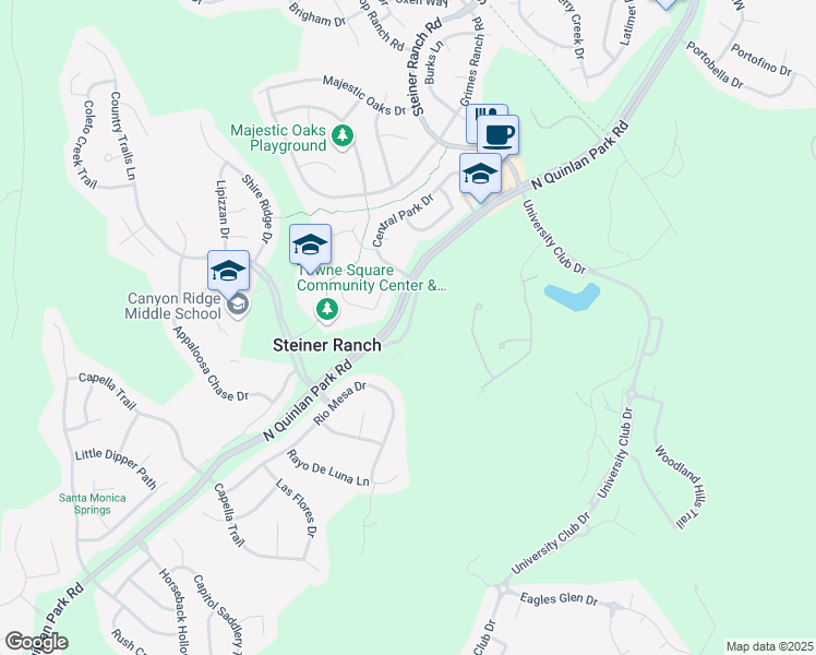 map of restaurants, bars, coffee shops, grocery stores, and more near 2601 North Quinlan Park Road in Austin