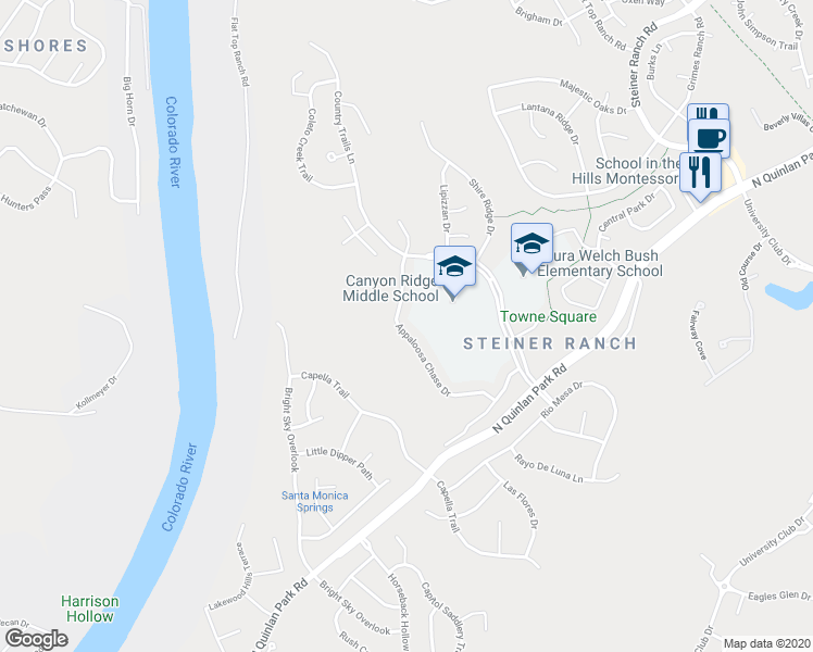 map of restaurants, bars, coffee shops, grocery stores, and more near 13000 Appaloosa Chase Drive in Austin