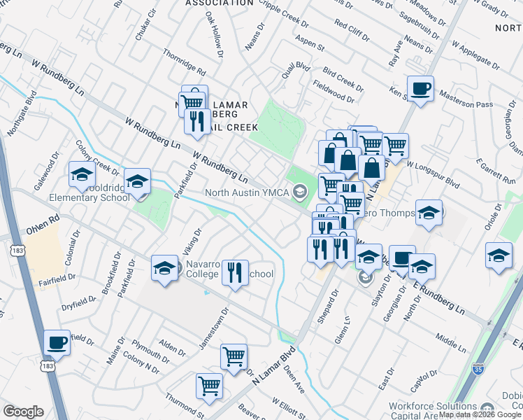 map of restaurants, bars, coffee shops, grocery stores, and more near 9204 Collinfield Drive in Austin