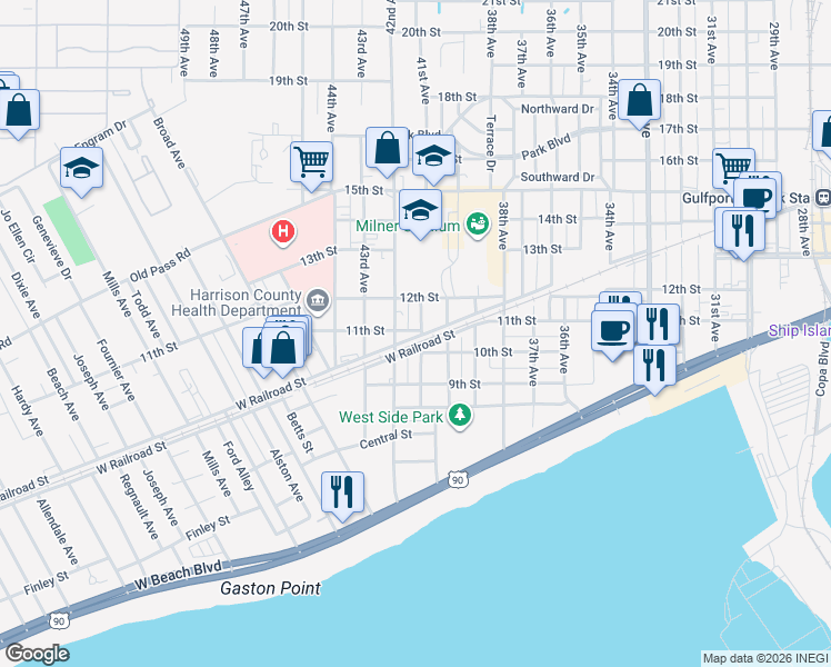 map of restaurants, bars, coffee shops, grocery stores, and more near 4200 West Railroad Street in Gulfport
