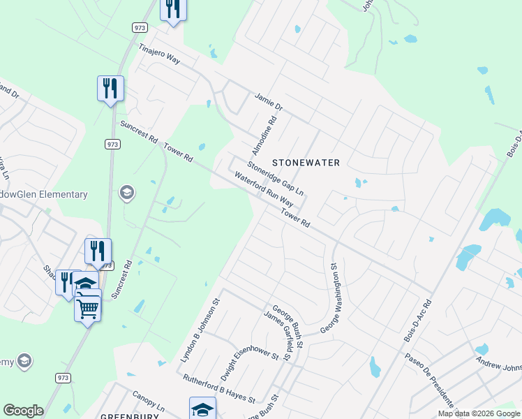 map of restaurants, bars, coffee shops, grocery stores, and more near 12307 Waterford Run Way in Manor