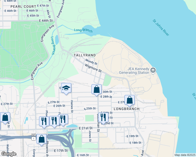 map of restaurants, bars, coffee shops, grocery stores, and more near 4230 Buckman Street in Jacksonville
