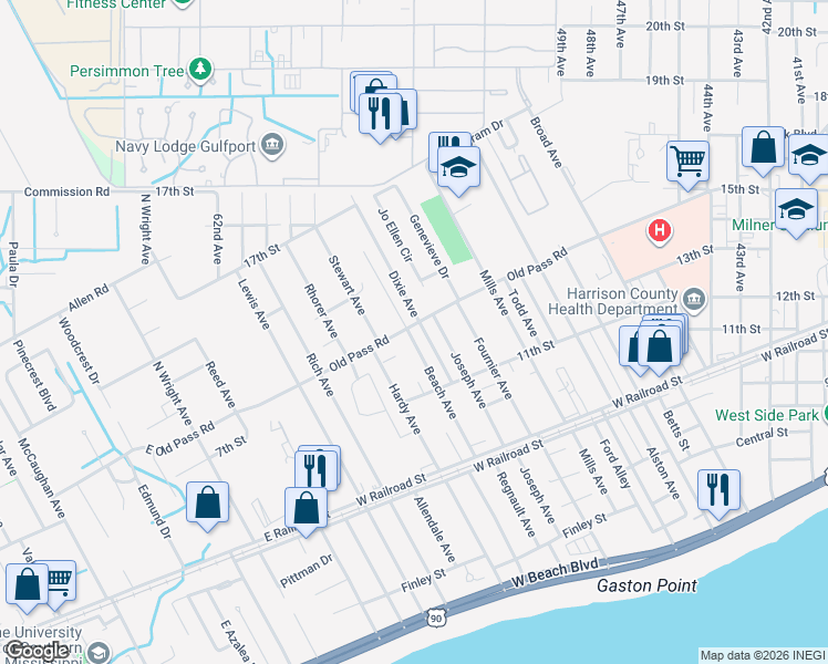 map of restaurants, bars, coffee shops, grocery stores, and more near 4905 Old Pass Road in Gulfport