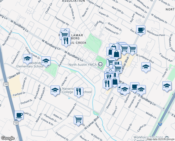 map of restaurants, bars, coffee shops, grocery stores, and more near 9204 Collinfield Drive in Austin