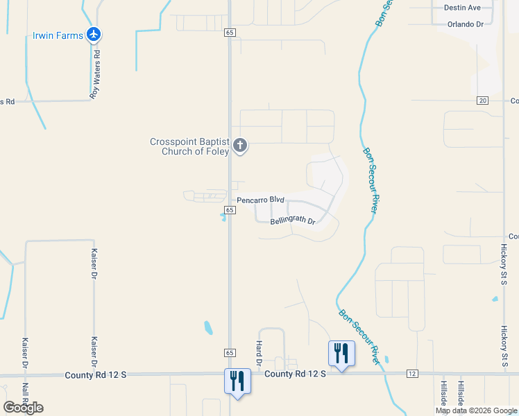 map of restaurants, bars, coffee shops, grocery stores, and more near 3305 Bellingrath Drive in Foley