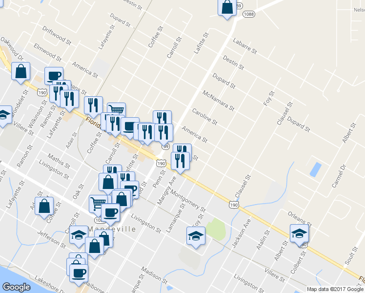 map of restaurants, bars, coffee shops, grocery stores, and more near 1909 Orleans Street in Mandeville