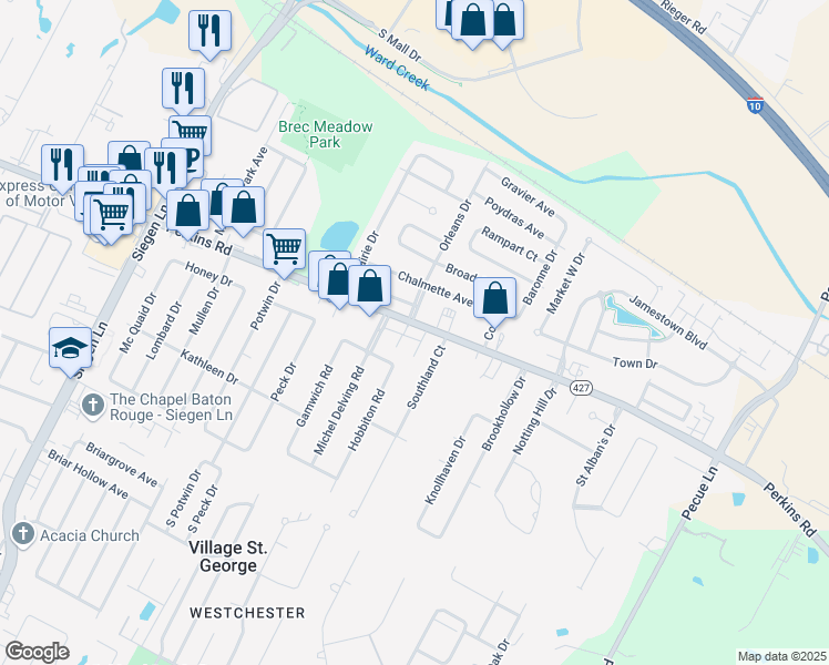 map of restaurants, bars, coffee shops, grocery stores, and more near 13822 Perkins Road in Baton Rouge